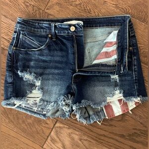 KanCan Distressed Dark Blue Denim Women’s Shorts with Flag Lining Size 30 NWOT